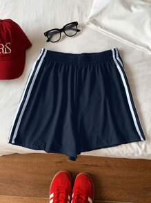 Comfortcana Pantalones cortos deportivos de verano casuales y vintage con rayas azules en los laterales para mujer