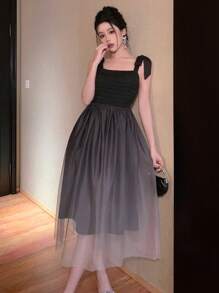 DAZY Square Neck Tie Up Color Gradient Midi Dress For Women Prom Dress Sundress Elegant Women Dresses - Black - View 1