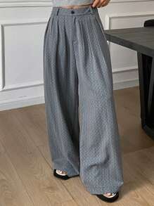 DAZY Polka Dot & Striped Loose Pants With Pockets, Casual Wide Leg Trousers For Women, Summer Business Attire - Grey - View 7