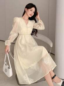 DAZY Vestido de manga abullonada con cuello en V y encaje de contraste, vestido de otoño para mujer