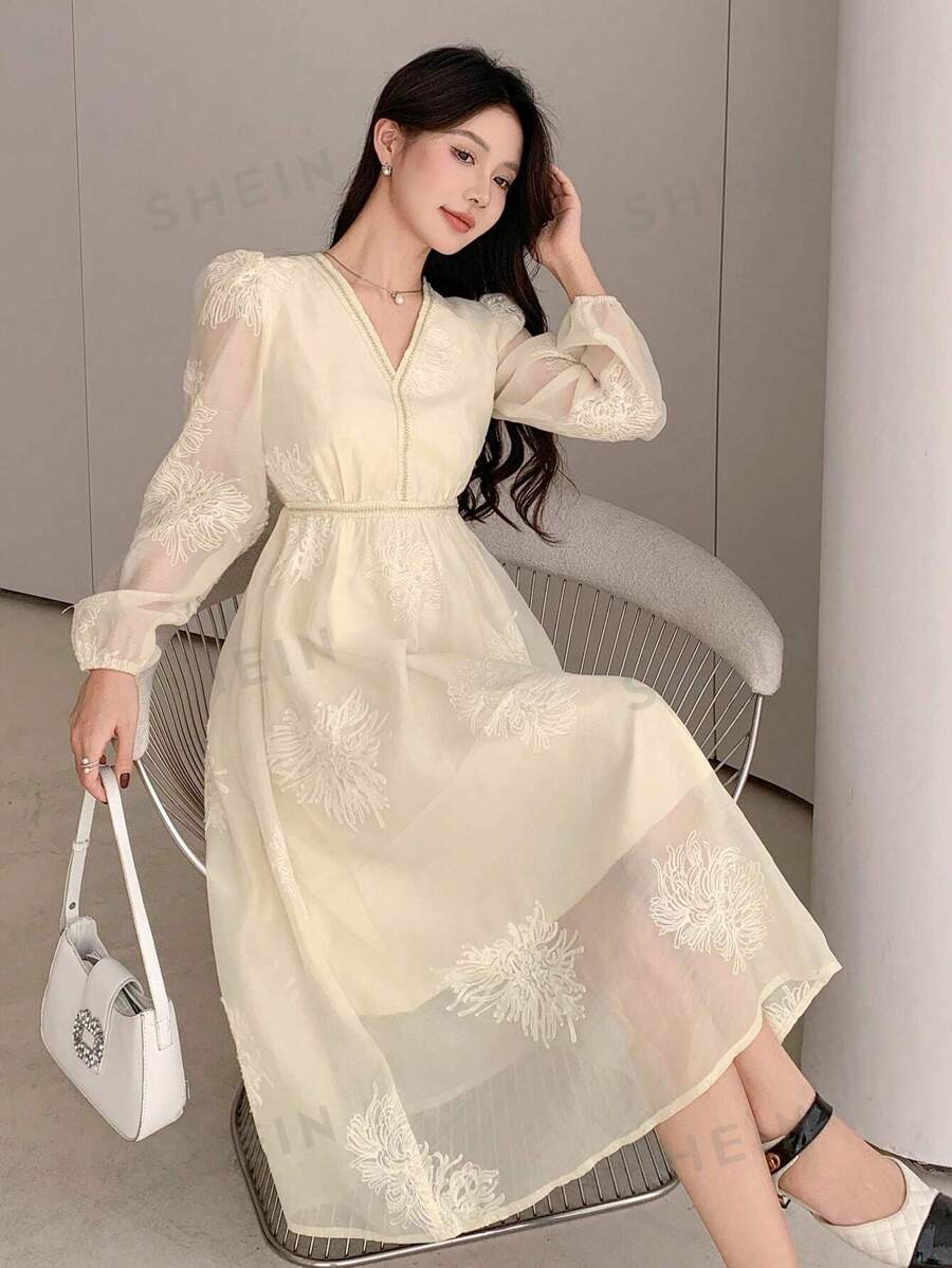 DAZY Vestido de manga abullonada con cuello en V y encaje de contraste, vestido de otoño para mujer