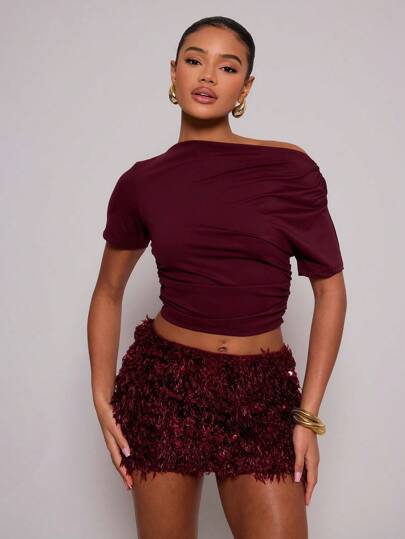 MUSERA 短袖褶皱上衣 度假风不对称肩部上衣 节日外出上衣 冬季优雅春夏