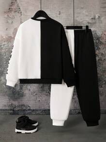 BATMAN X SHEIN 85th Conjunto de sudadera y pantalón de chándal holgados con estampado de letras de punto para niño preadolescente en contraste negro y blanco, para otoño/invierno