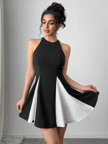 Firerie Vestido mini elegante y de estilo universitario nuevo con bajo plisado y panel de contraste sin mangas, para usar de diferentes formas en primavera y verano - Negro - Ver 7