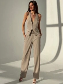 Aloruh Minimalist Elegant Office Outfit - Sleeveless Neck Tie Waist Mock Pocket Top Paired With Straight Leg Long Pants - Khaki - View 7