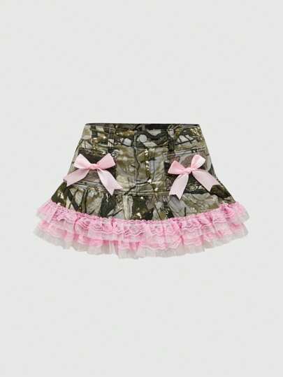 J-Fashion Women's Y2K Camouflage Vintage Low Waist Sexy Lace Patchwork Ruffle Hem Super Short Mini Denim Skirt