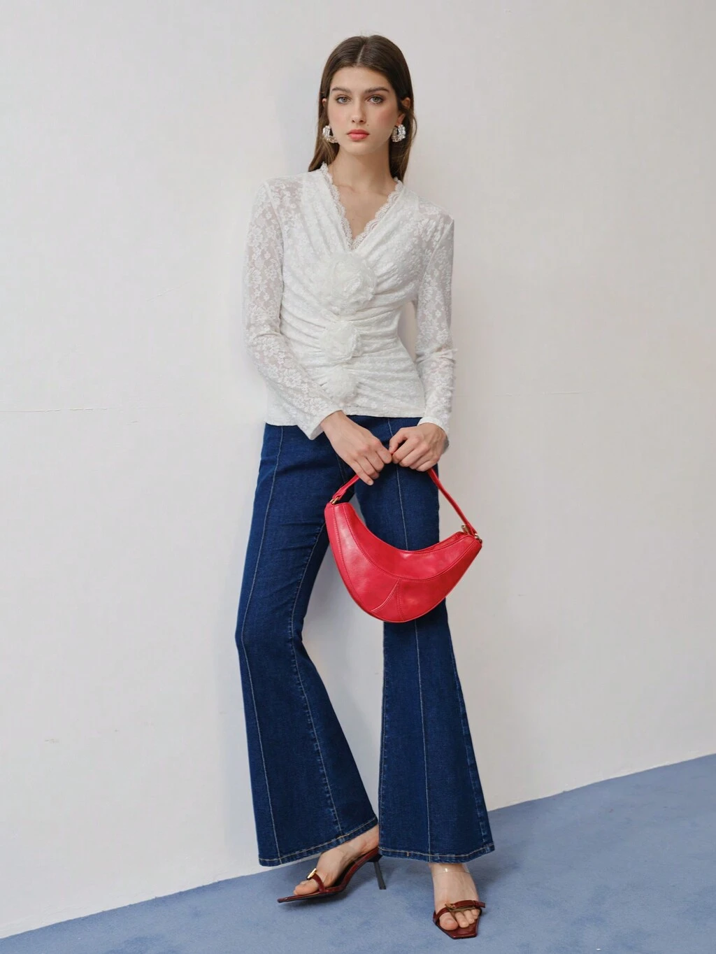 MOTF STUDIO LACE STEREO FLORAL RUCHED T-SHIRT,SPRING/SUMMER