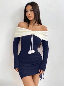 SHEIN Unity 女士露肩圣诞松紧腰短款性感修身毛衣连衣裙新年衣服 - 藏蓝色 - 查看 5