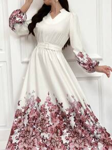 Seusyu Elegant Floral Print Keyhole Neckline Lantern Sleeve Arabic Style Dress, Modest