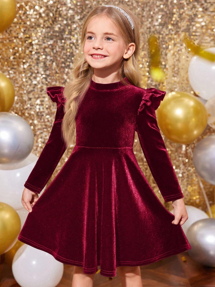 SHEIN Leap Crew Vestido Veludo Liso Menina Babado Acabamento Tricô Veludo Estilo A, Vestido Longo Manga Elegante Estilo Bolo, Ótimo para Uso Casual & Diário & Escola no Outono & Inverno, para Natal ,Férias, Combinando Mãe e Filha , Cor Verde,para Natal,Uso em Festas ,Vestido de Aniversário,Vestido de Princesa. - Vinho - Visão 1
