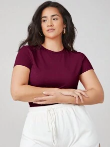 SHEIN BASICS Áo thun tay ngắn trơn màu cỡ lớn, thời trang tối giản, mặc thường ngày - Màu Đỏ Sâu - Xem 4