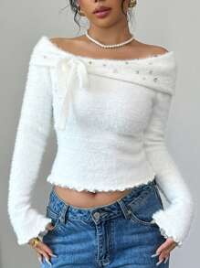 Elenzga Franse stijl off shoulder gebreide trui voor vrouwen, mode strass strik decor korte zachte pullover top