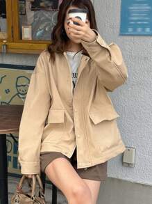 FRIFUL 女士纯色落肩长袖拉链休闲衬衫（秋季） - 杏色 - 查看 1