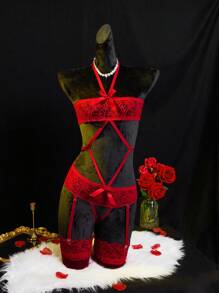 Set de 2 piezas de Body con lazo + Medias para el Día de San Valentín, Body sexy sin entrepierna para mujer