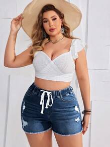 SHEIN EZwear 大码女式抽绳腰部口袋破洞下摆休闲牛仔短裤 - 深色水洗藍 - 查看 4