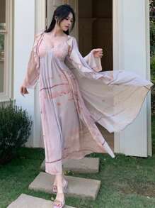 DAZY 2pcs/Set Women Floral Print Sleeveless Dress With Maxi Cover Up' - Purple - View 3