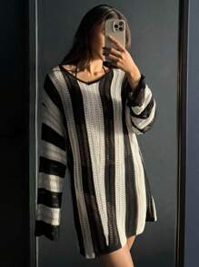 DAZY Suéter suelto casual con escote en V, hombros caídos y mangas largas con rayas, transparente, para otoño/invierno