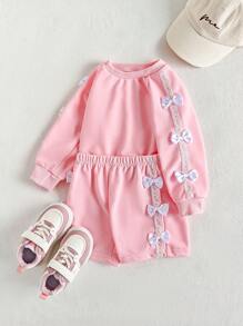 SHEIN Playful Pals 2件套女婴休闲运动可爱甜美侧边蝴蝶结设计宽松舒适针织面料圆领长袖连帽T恤上衣和短裤套装，粉色 - 粉色 - 查看 8