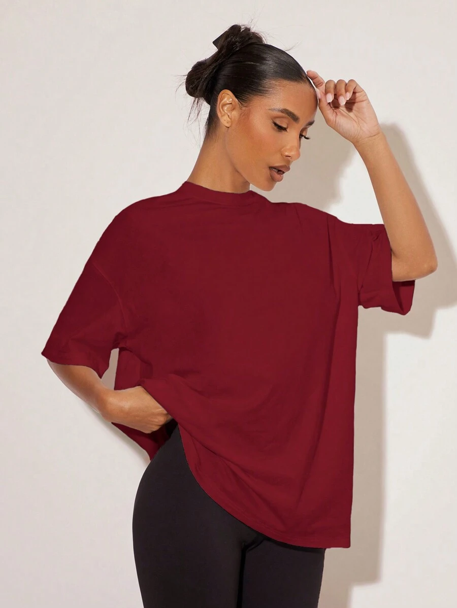 SHEIN BASICS 女士纯色休闲简约时尚 T 恤适合日常穿着 - 酒紅色 - 查看 1