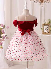 SHEIN 年轻女孩圣诞节露肩植绒网眼撞色秋千连衣裙