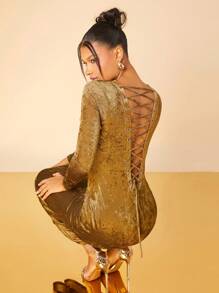 Hauture Women Clothes, Elegant Reversible Front Lace-Up Khaki Velvet Long Sleeve Maxi Dress, Party Women Dresses, Elegant Women Dresses, Prom Dress, Wedding Dress, Valentine's Day Dress, Formal Dress. For Date Night, Concerts, Performances, Wedding, Parties, Clubs, Evening - Dark Green - View 6