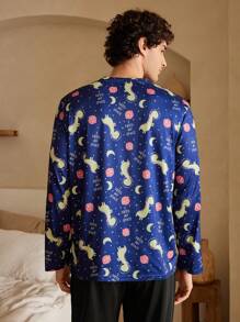 Men's Long Sleeve Casual Pajama Top, Minimalist And Fashion For Daily Wear - Blue - View 3