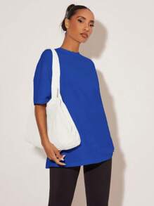 SHEIN BASICS Women's Plain Short Sleeve T-Shirt, Casual And Fashionable For Everyday Wear/Summer - Royal Blue - View 3