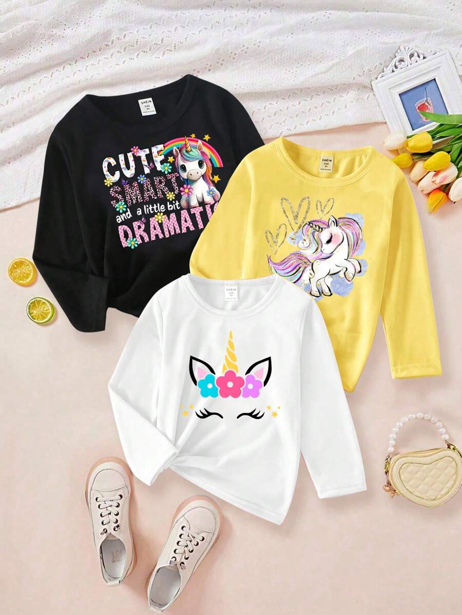 SHEIN Conjunto de 3 piezas para niña: Camiseta de cuello redondo básica de manga larga con gráfico impreso de lema de unicornio adorable y casual, prenda de uso diario de moda para otoño/invierno