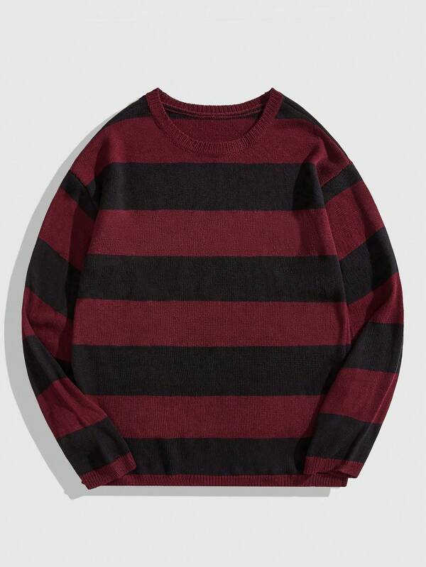 ROMWE MEN Academia Men's Casual Contrast Stripe Round Neck Sweater, Autumn/Winter