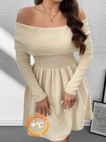 SHEIN Privé Plus Size Women Elegant Off Shoulder Long Sleeve A-Line Sweater Dress, Casual Stylish Autumn Ballet Style Flared Hem Short Dress Beige - Apricot - View 1