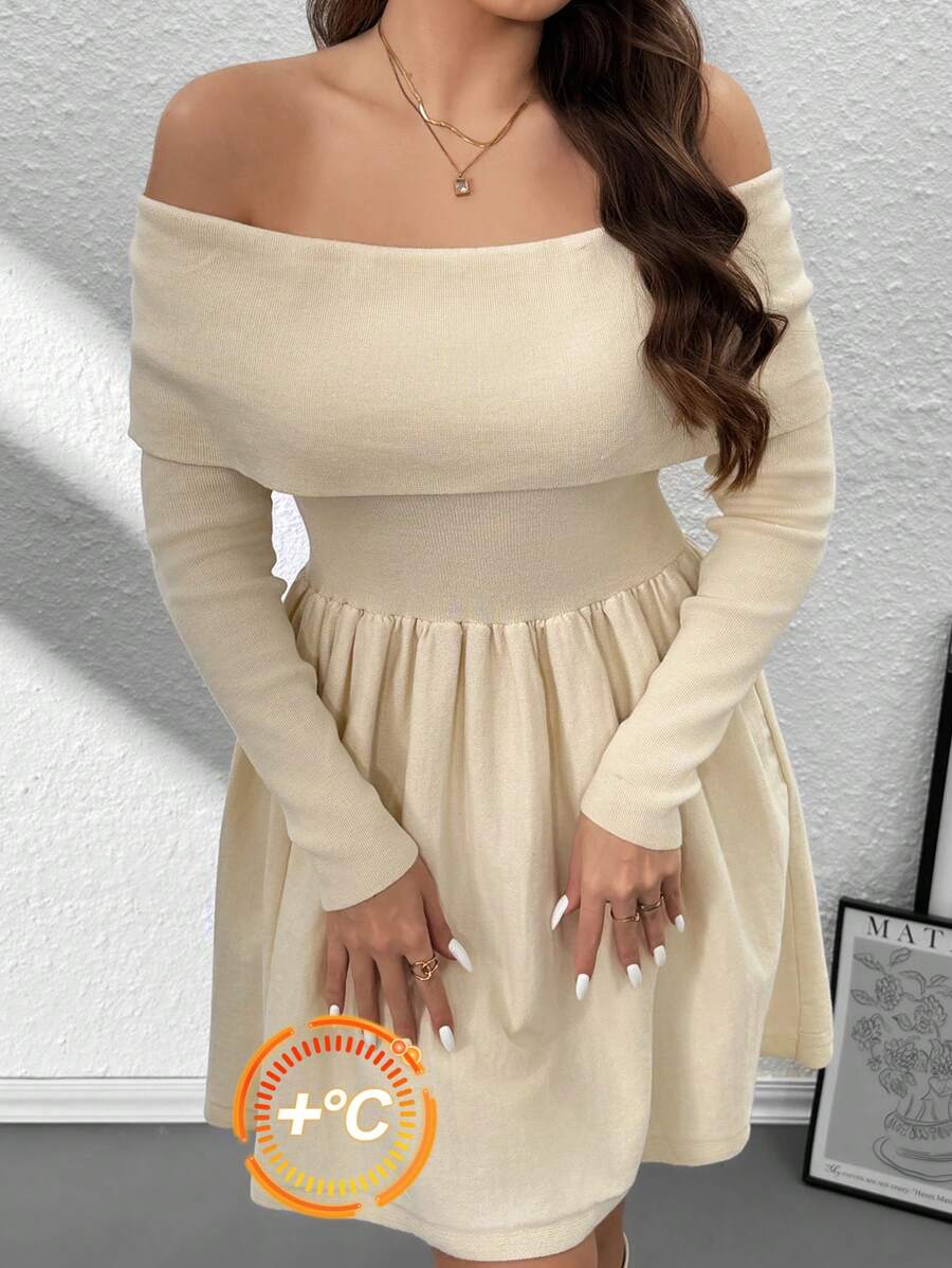 SHEIN Privé Plus Size Women Elegant Off Shoulder Long Sleeve A-Line Sweater Dress, Casual Stylish Autumn Ballet Style Flared Hem Short Dress Beige - Apricot - View 1