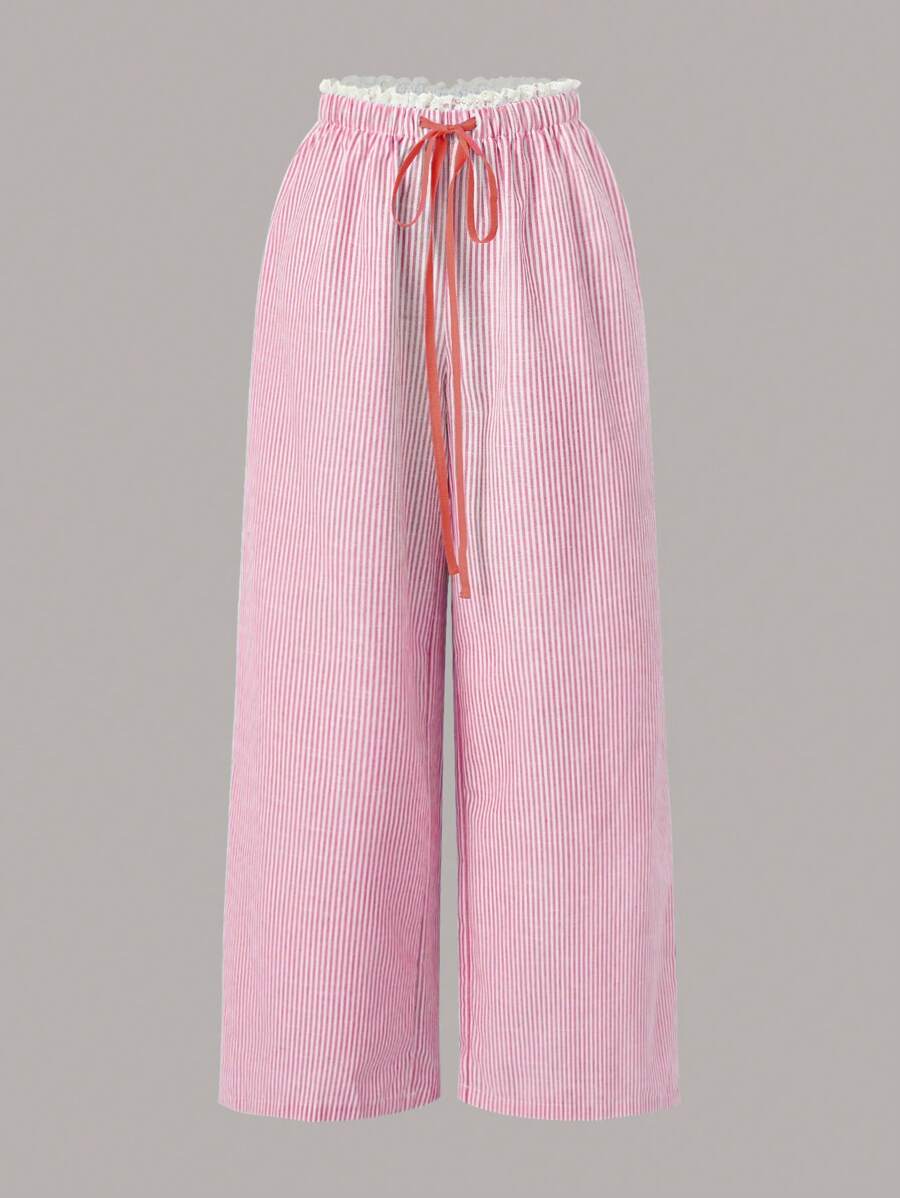 SHEIN EZwear Pantalones casuales holgados de pierna ancha de cintura alta con rayas tejidas para mujer