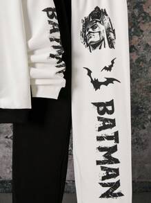 BATMAN X SHEIN 85th Conjunto de sudadera y pantalón de chándal holgados con estampado de letras de punto para niño preadolescente en contraste negro y blanco, para otoño/invierno