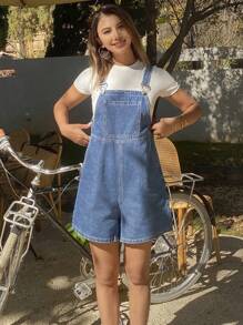 Livesso Women's Wide Strap Button Pocket Simple Denim Bib Overalls And Jumpsuit - Blue - View 6