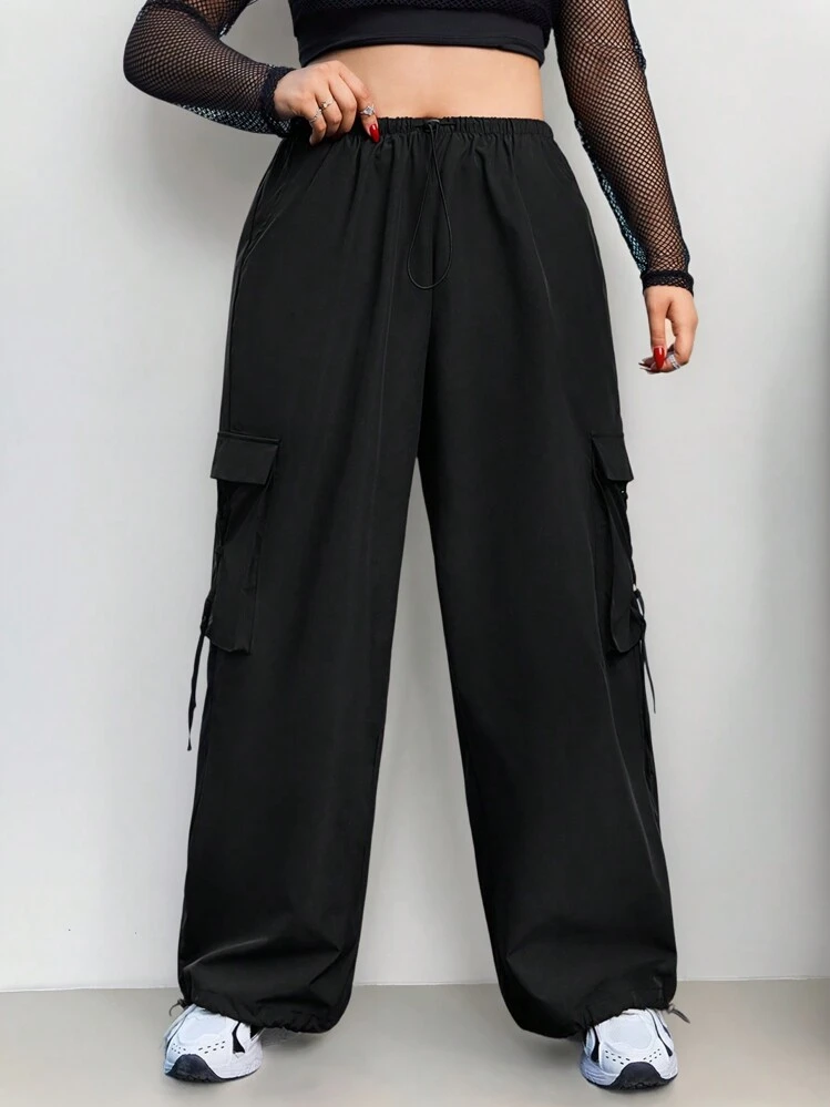 SHEIN EZwear Plus Size Flap Pocket Side Cargo Pants Black | SHEIN USA
