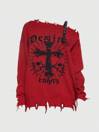 Grunge Punk Maglione asimmetrico rosso a maniche lunghe con raglan, colletto a croce e teschio, per donne, adatto per festival musicali e festività