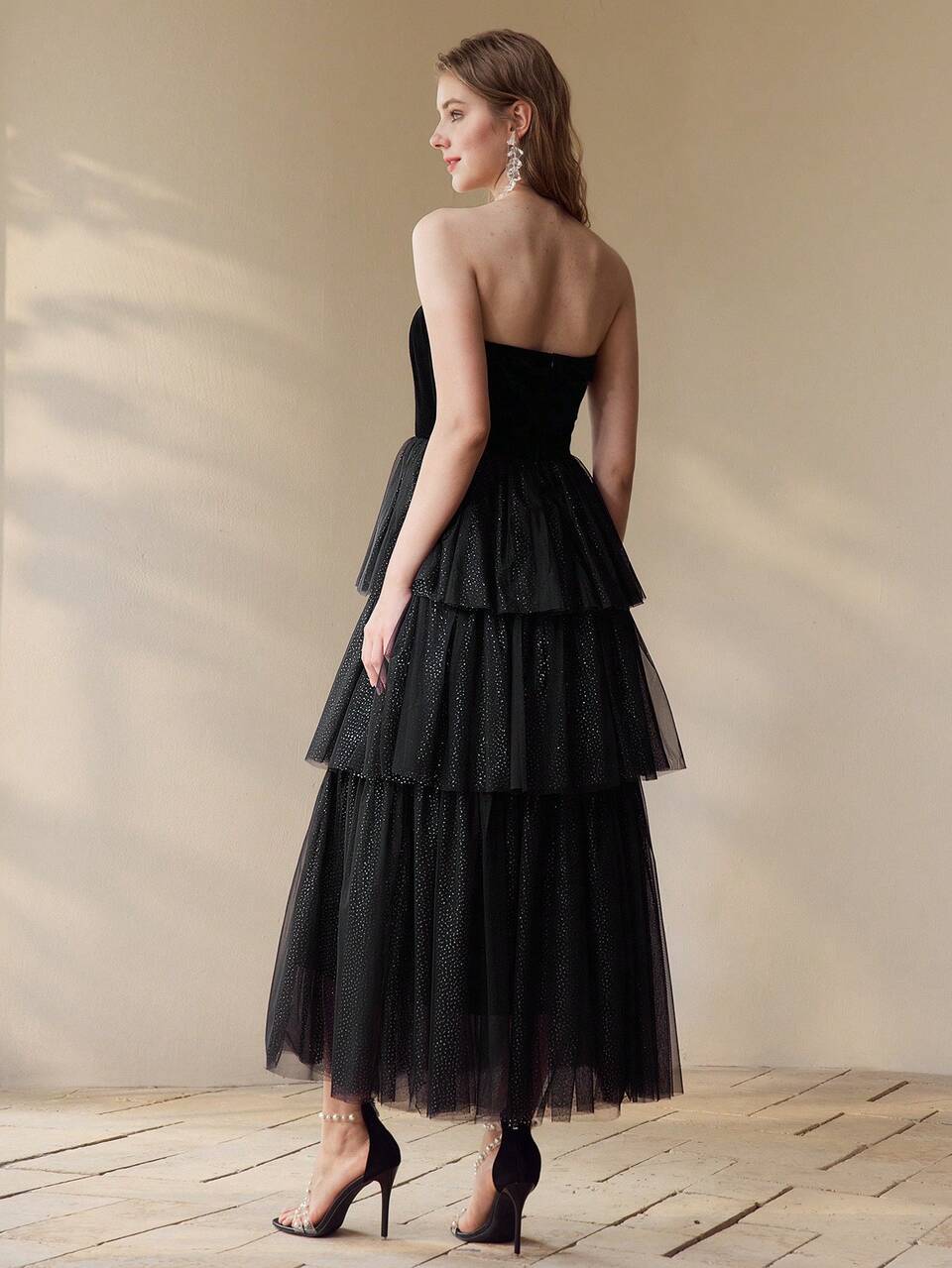 CONTRAST MESH LAYERED RUFFLE HEM TUBE DRESS,SPRING/SUMMER