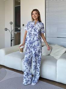 SHEIN Leap Crew 少女复古花卉 V 领前开短袖直腿睡衣套装，2 件舒适休闲睡衣 - 藍白色 - 查看 6