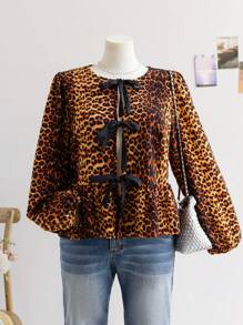 Soleia Plus Size Women's Early Autumn Leopard Print Round Neck Open Front Tie Bow Lantern Sleeve Ruffle Hem Patchwork Casual Blouse - Brown - View 3
