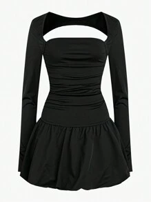 Chiquease French Sexy Slim Fit Solid Color Pleated Square Collar Long Sleeve Dress For Women, Autumn/Winter - Black - View 1