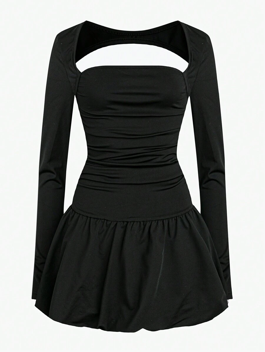 Chiquease French Sexy Slim Fit Solid Color Pleated Square Collar Long Sleeve Dress For Women, Autumn/Winter - Black - View 1
