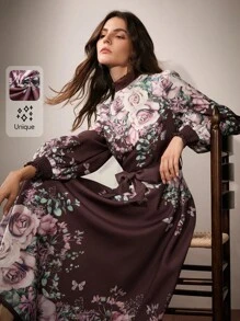 Anewsta Vestido largo con estampado floral elegante para mujeres, atuendo de mujer maxí para primavera-otoño - Multicolor - Ver 1