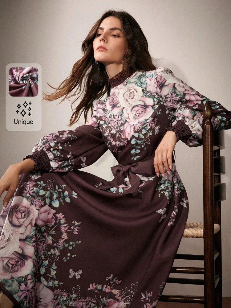 Elegant Floral Print Long Dress For Women, Spring-Autumn Maxi Women Outfit
