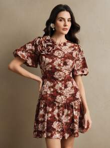 Anewsta 法式碎花印花优雅度假迷你连衣裙，泡泡袖和收腰设计，夏季度假、情人节、新年装