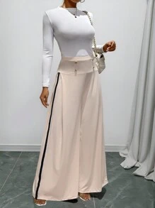 SHEIN Clasi Pantalon casual ample en couleur unie avec patchwork et boutons devant pour femme - Kaki - Voir 1