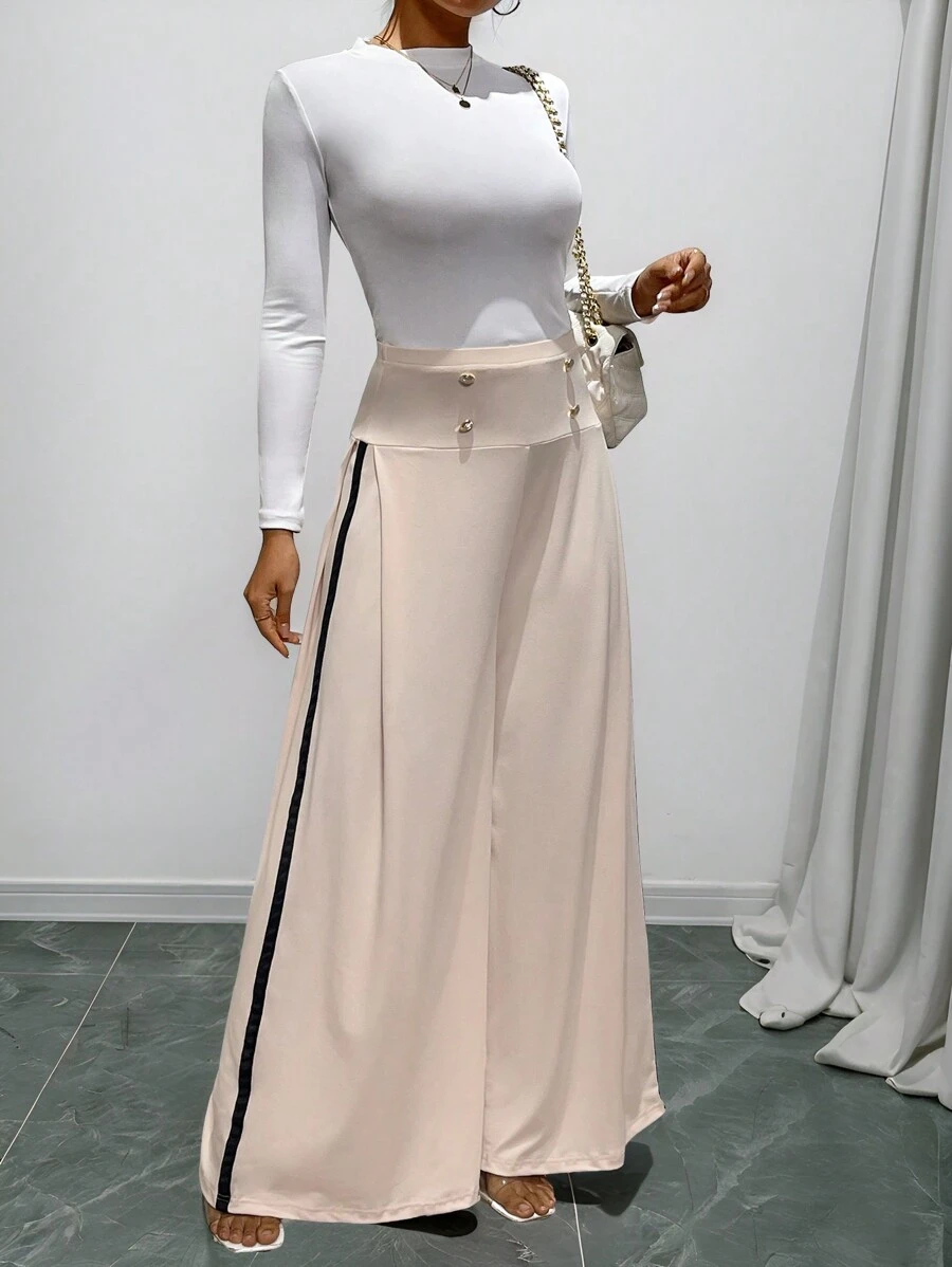 SHEIN Clasi Pantalon casual ample en couleur unie avec patchwork et boutons devant pour femme - Kaki - Voir 1