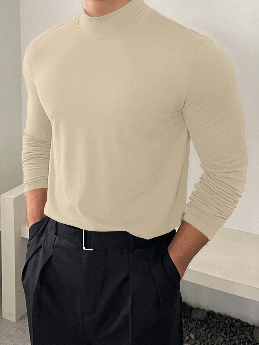 DAZY 男士纯色拉绒领长袖休闲T恤，秋季 - 卡其色 - 查看 1