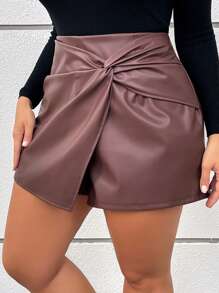 SHEIN LUNE Plus Size Women's Black PU Casual Twist Design Shorts, Autumn Winter Party Women Dresses