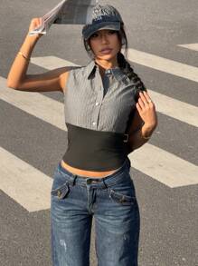 SHEIN Unity 半开领条纹拼接撞色休闲女式吊带背心 - 彩色 - 查看 3