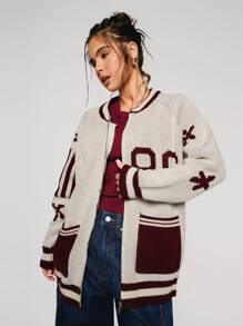 Athîral Women's Casual Letter Stripe Raglan Sleeve Cardigan, Autumn/Winter